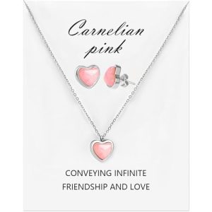 Carnelian Necklace and Earring Sets for Women - Pink Jewelry Sets for Women, Carnelian Crystal Heart Locket Necklace and Earring Sets Pink Carnelian(S