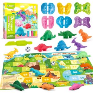 Dinosaur Playdough Sets for Kids Ages 2-4, Family Board Games for 2-6 Players, 6 Dino 3D Modeling Tools, 5 Play Dough, Adventure Map & Dice, Playdough