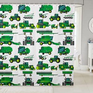 Excavator Car Shower Curtain Cartoon Construction Truck Vehicle Bath Curtain Kids Boys Green Yellow Equipment Trucks Bathroom Sets Accessories Tractor
