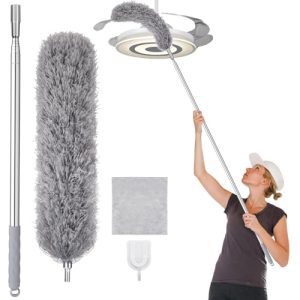 Feather Duster with 30-100 Inches Adjustable Long Pole,Extendable Feather Duster for Cleaning Ceiling Chandelier,Furniture, Blinds and Furniture