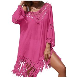 FQFGGYD Beach Cover Ups for Women Holiday Hand Hook V-neck Splicing Long Sleeve Fringe Perspective Loose Sunscreen Sexy Smock
