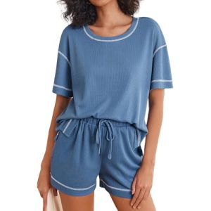 FQFGGYD Women's One-set Waffle Pajamas Set Crewneck Short Sleeve Top Casual Suit Sportswear Pantsuits 2 Pieces Sweat Shorts Blue