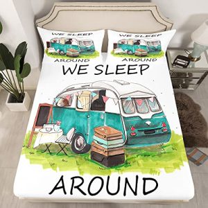Happy Camping Bedding Rustic Fitted Sheet Twin Size Bedding for Boys Girls Kids, Camping Vacation Style Fitted Bed Sheets Cute Camper Bedding Soft Mic