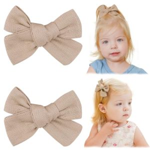 Jollybows 2pcs 3.2" Neutral Linen Hair Clip Bows for Baby Girl Toddler Pigtails - Khaki Denim 6-Khaki Denim