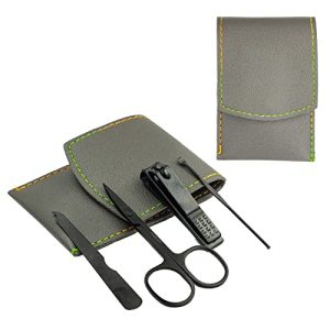 Nail Clipper Set, 4PCS Manicure Set Fingernail Clippers Kit Black Stainless Steel Pedicure and Manicure Kit with Grey PU Leather Case Grey 4PCS