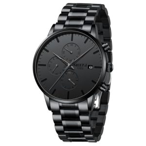 NIBOSI Men's Watches Analog Minimalist Black Dial Watches for Men Business Chronograph Military Casual Wrist Watches Stainless Steel Strap Date 02-Bla
