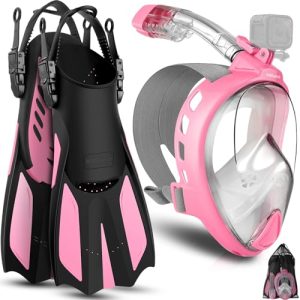 Odoland Snorkeling Package Set, Snorkeling Gear for Adults with Full Face Snorkel Mask Camera Mount, Adjustable Swim Fins, Mesh Bag, Anti-Fog Anti-Lea