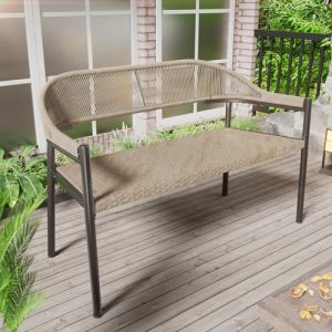 Outdoor Loveseat Bench, 46.8 Inches Outdoor Patio Furniture Small Boho Outdoor Wicker Patio Bench, Outdoor Bench with Rattan Backrest Armrests and Met