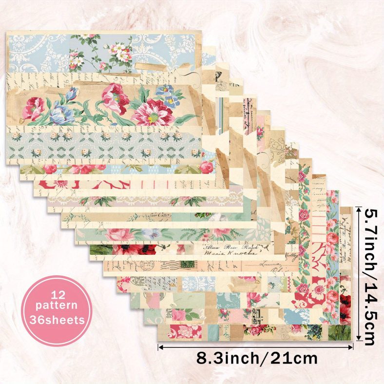 TEMU 36 Vellen A5 (Amerikaans Satijnen Lint Bloemen Onregelmatige Achtergrond) Scrapbookpapier, Geschikt voor Bullet Journals, Junk Journals en