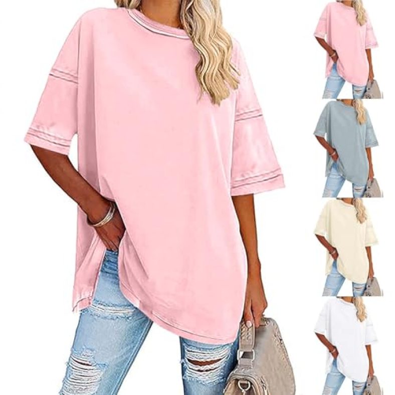 Womens Summer Oversized T Shirts 2025 Casual Short Sleeve Blouses Loose Maternity Tops Crewneck Shirts Gym Workout Tops A02 Pink Large