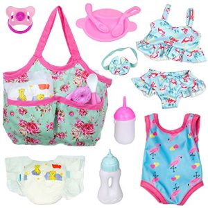 ZITA ELEMENT 8 Pcs Baby Doll Clothes and Accessories, Baby Doll Feeding and Caring Set with Diaper Bag, Clothes, Diapers, Bottles, Pacifier, Swimsuits
