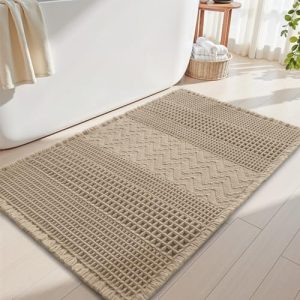 AMOAMI Waffle Bath-Mat, Super Absorbent Bath Mats for Bathroom, Boho Bathroom Rugs Non Slip Washable, Ultra Soft Bath Mat with Tassels Bath Rugs for F