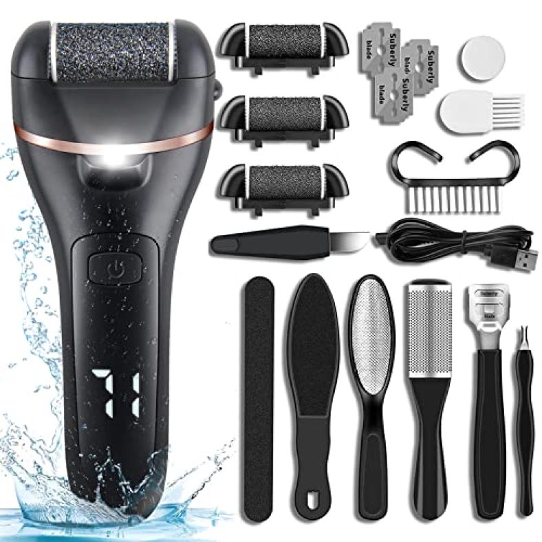 Electric Foot Callus Remover 14-in-1 Rechargeable Foot File Pedicure Kit Foot Care Tools with 3 Rollers 2 Speed LED Battery Display, Foot Scrubber Kit