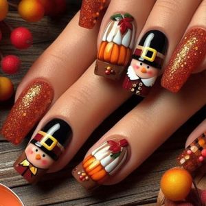 French Tip Press on Nail Thanksgiving Day Fake Nail Medium Coffin False Nails Glitter Orange Acrylic Nails with Nutcracker Design Glue on Nails Autumn