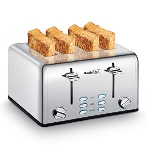 Geek Chef Stainless Steel Toaster 4 Slice, with Extra Wide Slots for Bagels, Removable Tray, Cancel/Defrost/Reheat Functions 11*10*7 inches