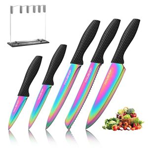 HAUSHOF Kitchen Knife Set, 5 PCS Rainbow Knife Sets with Arcylic Block, Titanium Coated black Knives Set for Kitchen, Stainless Steel Knife Set with E