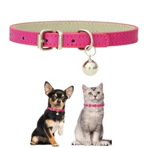Hot Pink XXS Dog Collar with Bell,Kitten Bell Collar,Soft Pu Leather Puppy Collar with Bell Adjustable Buckle for Extra Small Medium Tiny Male Boys Pe