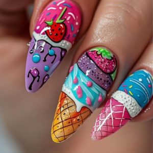 Long Stiletto Press on Nails French Tip Fake Nails Colorful False Nails with Strawberry Ice Cream Designs 3D Artificial Gel Nail Full Cover Acrylic Na