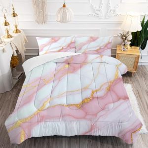 Marble Bedding Sets Queen Size Pale Pink Chic Gold Comforter Sets for Girls Teens Women Glitter Luxury Marbling Texture Quilt 1 Comforter + 2 Pillow C