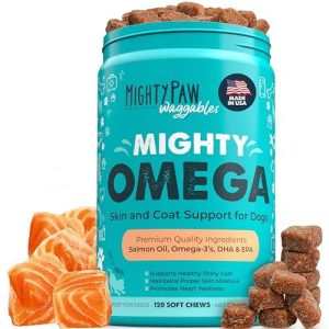 Mighty Paw Waggables Mighty Omega (Made in The USA, 120 Count) | Omega 3 Fish Oil Chew for Dogs. Salmon Flavor Skin and Coat Supplement. Soft Chew Fis