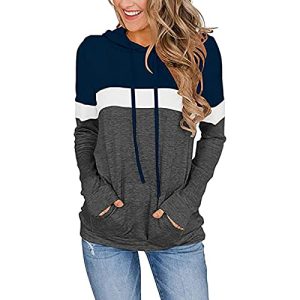 PBNBP Women's Color Block Pullover Hoodies with Pockets Athletic Sweatshirts Drawstring Hooded Tops Long Sleeve Casual Blouse A03_blue Medium