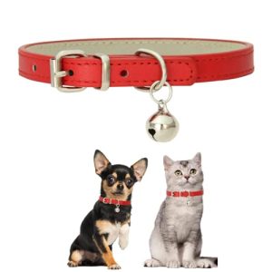 Red XXS Dog Collar with Bell,Cat Collar with Bell,Soft Pu Leather Extra Small Dog Collar Adjustable Buckle for XXS Extra Small Medium Tiny Pets Puppy