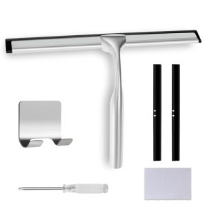 Shower Squeegee for Glass Doors,10 Inch Stainless Steel Squeegee for Shower Glass with Storage Hook, Shower Squeegee for Tile Shower Walls, Window Mir