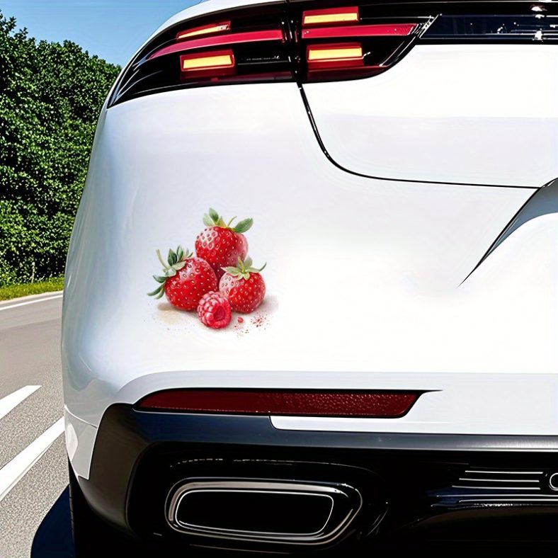 TEMU 6pcs Fruit Decals – Strawberries & Raspberries Design, Waterproof Vinyl Stickers For Car Rear, Motorcycle, Truck, Laptop, Window, Cup, Wall,