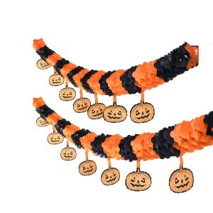 TEMU Halloween Kürbis-Banner-Dekoration – Schwarzes & Oranges Papierkranzbanner mit lächelnden Kürbissen, stromlos, wetterfest für Innen- und