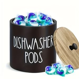 TEMU Round Wooden Laundry & Dishwasher Capsule Container With Lid - Black - Organizer Box For Dishwasher Pods, Laundry Detergent - Kitchen & Laundry
