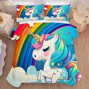 Unicorn Bedding Twin Size Rainbow Unicorn Comforter Set for Girls Kids Children Boys Bedroom Cartoon Light Blue Unicorn Quilt 1 Comforter + 1 Pillowca