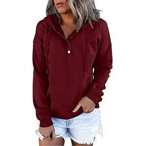 Womens Fall Fashion 2022 Loose Fit Hooded Sweatshirts Buttons/Quarter Zip Pullover Hoodies with Pocket Solid Color Tops A07_wine Medium