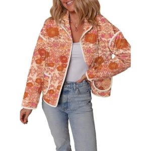 Womens Floral Quilted Jackets Lightweight Cropped Button Down Padded Puffer Jacket Winter Warm Coats