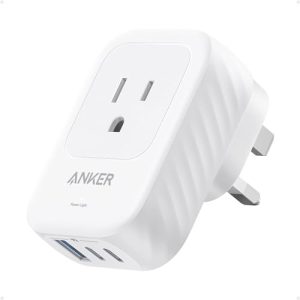 Anker USA to UK International Plug Adapter, Travel Adapter, 15W Max with 2 AC, 2 USB-C, and 1 USB-A Port, Ideal for iPhone 15, iPad Air, and More, Com