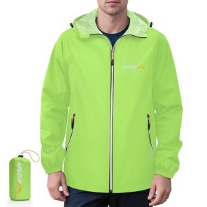 APEXUP Packable Rain Jacket Men with Reflective Zipper, Lightweight Waterproof Raincoat, Mens Rain Jacket for Outdoor Sports Fluo Green Large