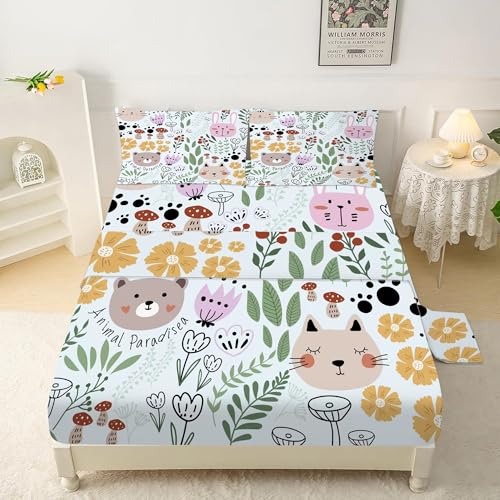 Cat Sheets Set: Floral Cat Bedding Set Full/Queen Size for Girls Teens Women Bedroom Flower Bed - 1 Flat Sheet, 1 Fitted Sheet, 2 Pillowcases Animals