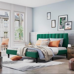 Full Bed Frame with Adjustable Headboard, Green Velvet Upholstered Bed Frame Platform Vertical Channel Tufted, Sturdy Wooden Slats, Noise-Free, Easy A