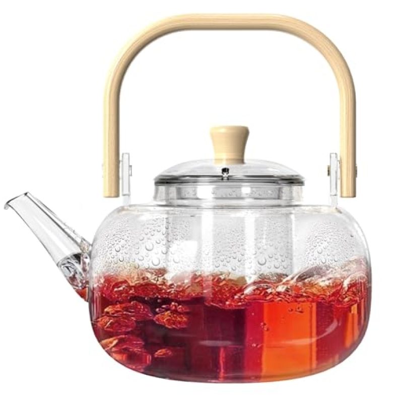Glass Tea Kettle with Removable Infuser,Stovetop Safe, Glass Teapot 1000 ml 33 oz, Hand Blown Tea Pot with Infusers for Loose Tea Father’s Day Gifts