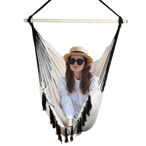 Hammock Chair Swing Outdoor Indoor, Macrame Hanging Chair with Pocket for Bedroom & Outside, Ivory White