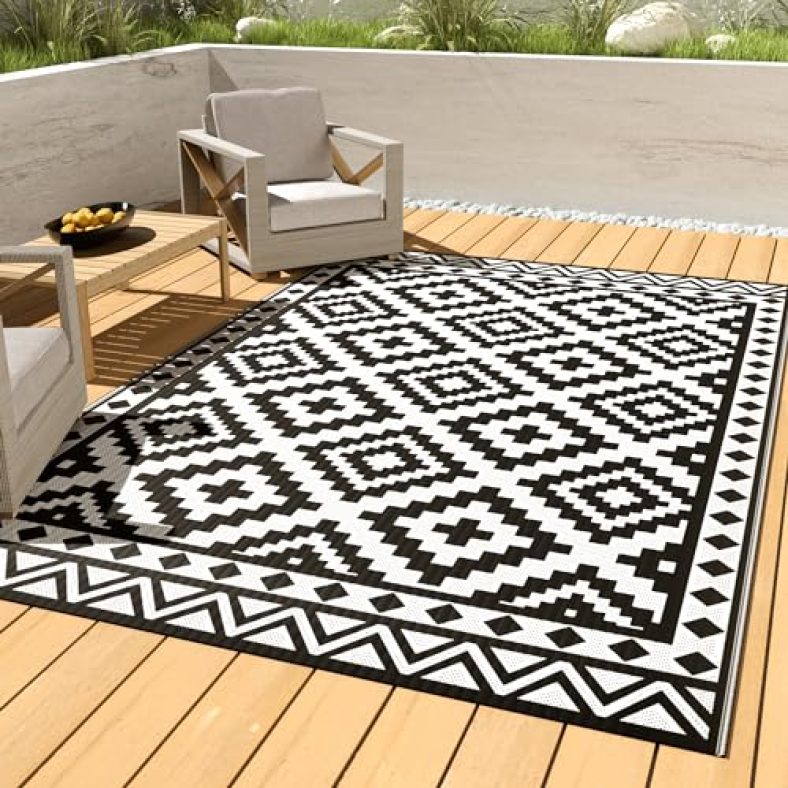 HAUSHOF 5’X8′ Outdoor Rug Waterproof, Thickened Outdoor Plastic Straw Rug, Reversible Patio Rug with 4 Rug Stakes, Outdoor Carpet Mat for RV Trip, Cam