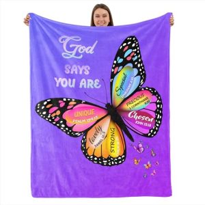 Purple Butterfly Throw Blanket, Inspirational Christian Gifts for Women Wife Friend Daughter, Plush Fleece for All Seasons Couch Bed Home Decor Butter