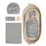 Stretchy Baby Swaddle Blanket and Headband Set, Newborn Receiving Blankets with Matching Hat for Nursery Swaddle Wrap Gray