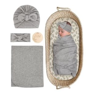 Stretchy Baby Swaddle Blanket and Headband Set, Newborn Receiving Blankets with Matching Hat for Nursery Swaddle Wrap Gray