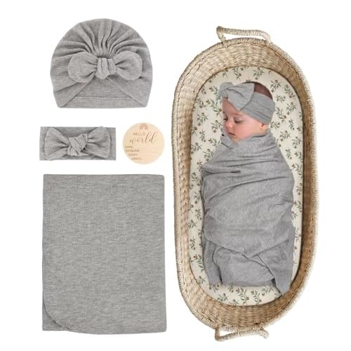 Stretchy Baby Swaddle Blanket and Headband Set, Newborn Receiving Blankets with Matching Hat for Nursery Swaddle Wrap Gray
