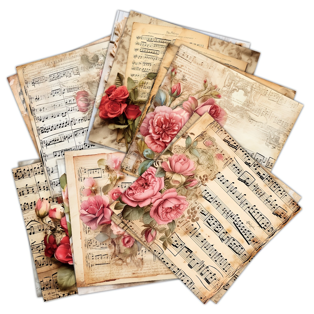 TEMU 12 Sheets Vintage Roses Music Scrapbook Paper, Valentines Scrapbook Paper, Flower Pattern Scrapbook Paper, For Diy Album Scrapbook, Background