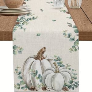 TEMU 1pc, Table Runner, Green Eucalyptus Leaves And Pumpkin Printed Table Runner, Fall Series Table Runner, Dustproof & Table Runner, Home Party