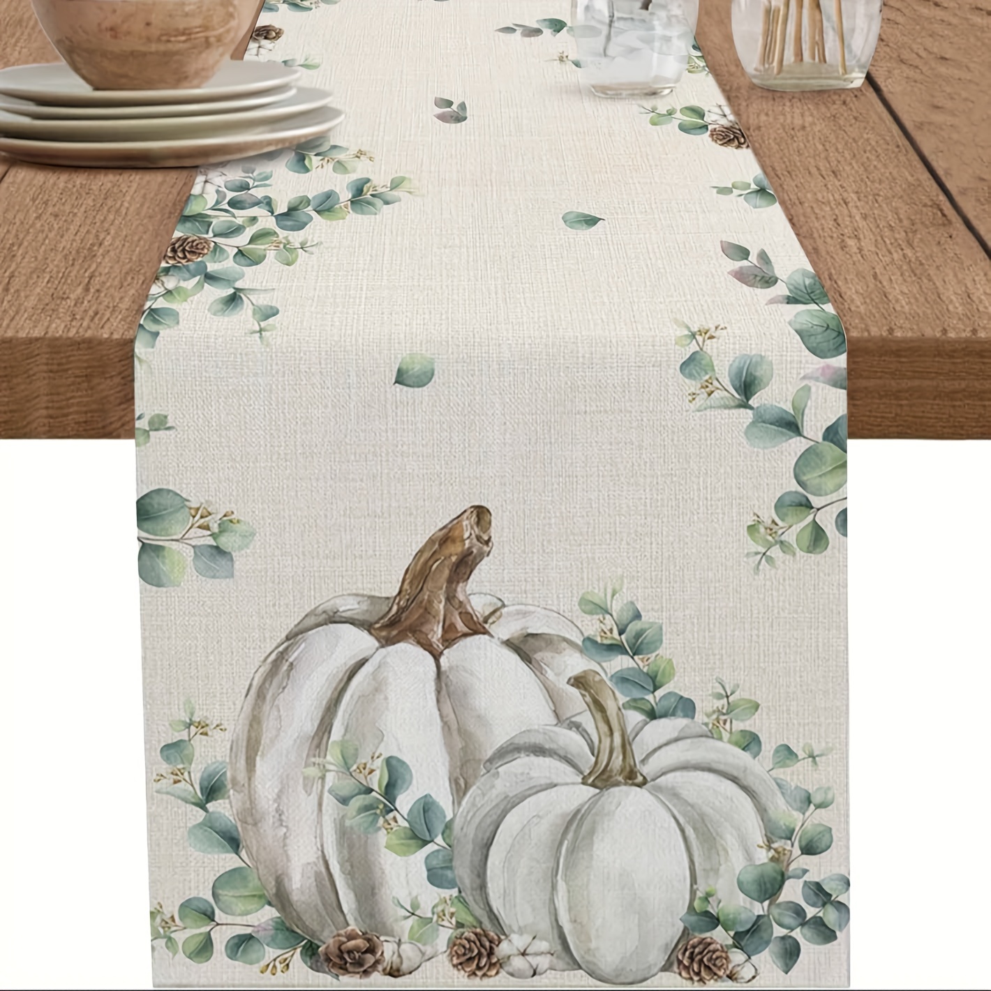 TEMU 1pc, Table Runner, Green Eucalyptus Leaves And Pumpkin Printed Table Runner, Fall Series Table Runner, Dustproof & Table Runner, Home Party