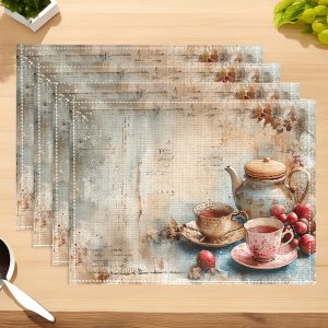 TEMU 4pcs Set Of Vintage Tableware Pattern Placemats, Artistic Placemats, Heat-resistant And Non-slip Artistic Placemats, Washable Table Mats,