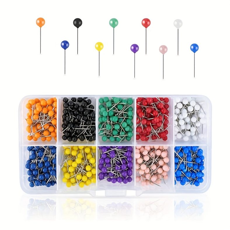 TEMU 500pcs Push Pins, Map Pins For Travel Map, 1/8″ Small Map Tacks With Plastic Beads Head For Cork Board, World Map Pin Board, Bulletin Board,