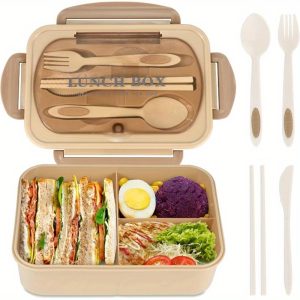 TEMU 6pcs, 4pcs Of Tableware+1 Lunch Box+1 Lunch Box Lid Outdoor Lunch Box, 40.58 Ounce Lunch Container, Leak Proof Tableware, 3 Compartments Lunch